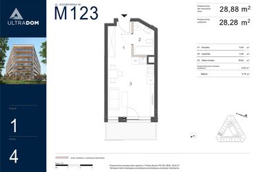 Rzut - Mieszkanie na sprzedaż 1 pokój o powierzchni 28,88 m² - numer M123 w Ultradom