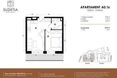 Rzut - Mieszkanie na sprzedaż 2 pokoje o powierzchni 34,6 m² - numer A 0.16 w Apartamenty Sudetia