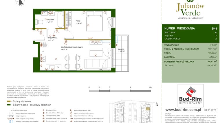Rzut - Mieszkanie na sprzedaż 2 pokoje o powierzchni 40,61 m² - numer 48 w Julianów Verde II