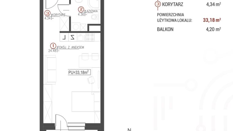 Rzut - Mieszkanie na sprzedaż 1 pokój o powierzchni 33,18 m² - numer 123 w Wróblewskiego 1