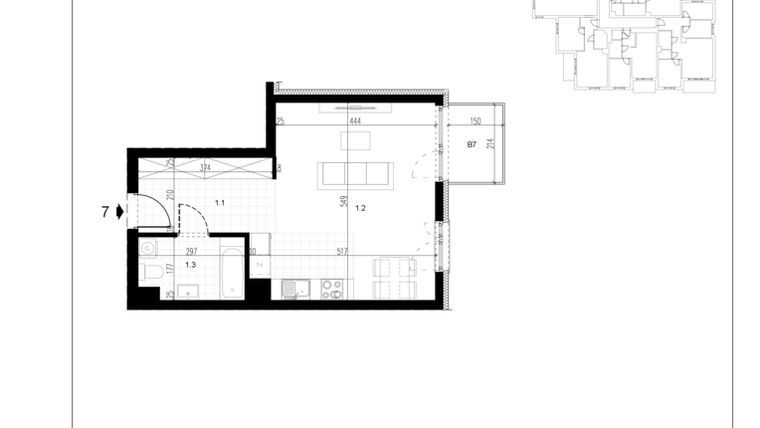 Rzut - Mieszkanie na sprzedaż 1 pokój o powierzchni 37,96 m² - numer M7 w Trybuny Ludów 3
