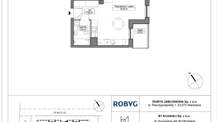 Rzut - Mieszkanie na sprzedaż 1 pokój o powierzchni 34,35 m² - numer A.1M01 w Dobre Miejsce