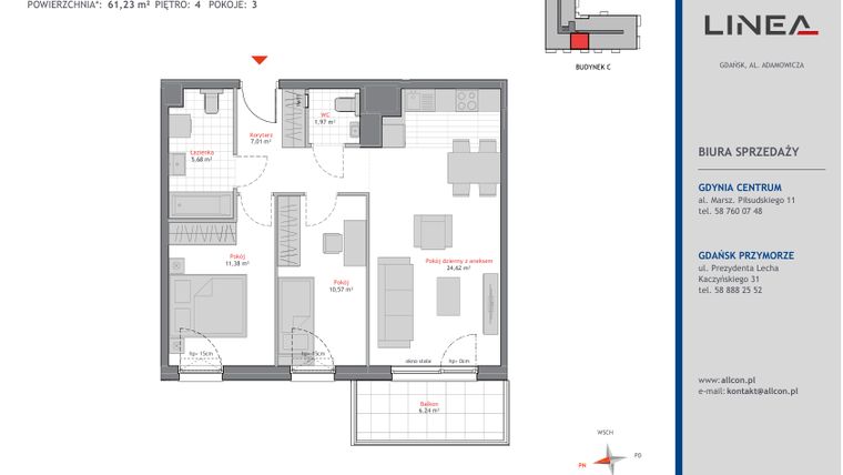 Rzut - Mieszkanie na sprzedaż 3 pokoje o powierzchni 61,19 m² - numer C.4.11 w Linea