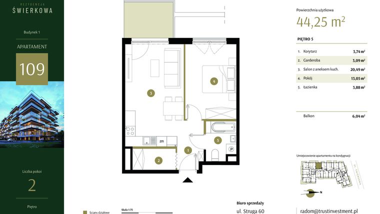 Rzut - Mieszkanie na sprzedaż 2 pokoje o powierzchni 44,25 m² - numer 109 w Rezydencja Świerkowa