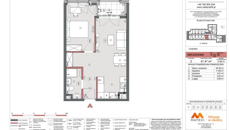 Rzut - Mieszkanie na sprzedaż 2 pokoje o powierzchni 41,47 m² - numer A.02.08 w Żelazna 54