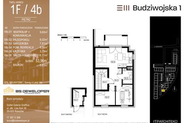 Rzut - Mieszkanie na sprzedaż 3 pokoje o powierzchni 53,96 m² - numer 1F/4b w Budziwojska 3