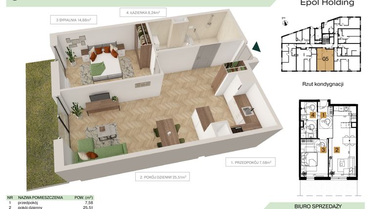 Rzut - Mieszkanie na sprzedaż 2 pokoje o powierzchni 56,21 m² - numer B1.M5 w Tutaj Bunscha