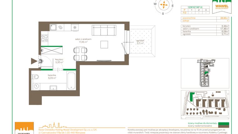 Rzut - Mieszkanie na sprzedaż 1 pokój o powierzchni 28,85 m² - numer F/2 w Ostródzka 123 - III etap
