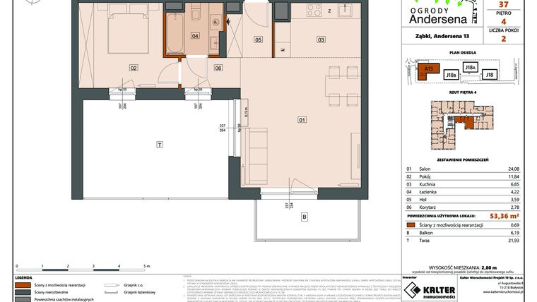 Rzut - Mieszkanie na sprzedaż 2 pokoje o powierzchni 53,36 m² - numer 37A w Ogrody Andersena