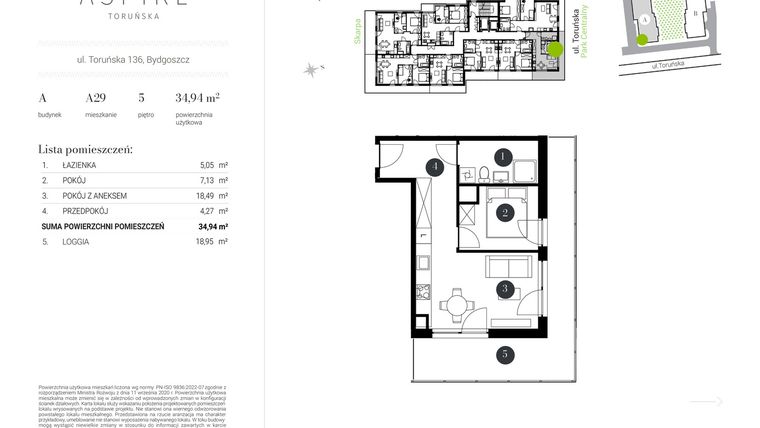 Rzut - Mieszkanie na sprzedaż 2 pokoje o powierzchni 34,94 m² - numer A.29 w Aspire