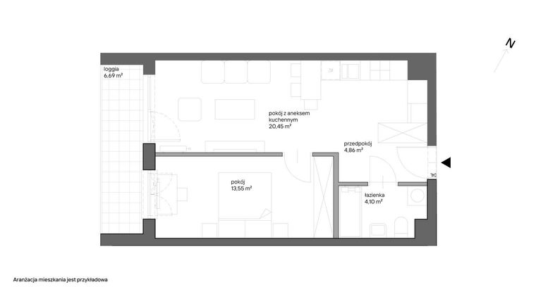 Rzut - Mieszkanie na sprzedaż 2 pokoje o powierzchni 42,96 m² - numer A.051 w Słoneczne Miasteczko - etap XV
