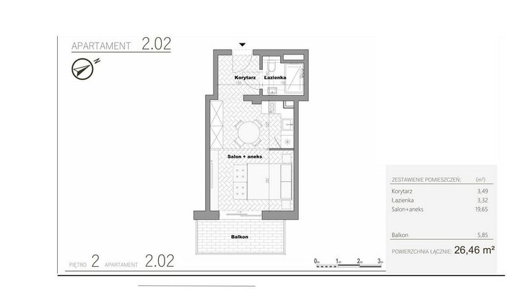 Rzut - Mieszkanie na sprzedaż 1 pokój o powierzchni 26,46 m² - numer 3.2 w Villa Książąt Pomorskich