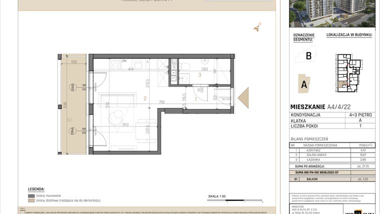 Rzut - Mieszkanie na sprzedaż 1 pokój o powierzchni 27,86 m² - numer A4/4/22 w GEMINI G-7