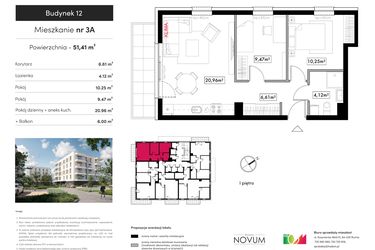 Rzut - Mieszkanie na sprzedaż 3 pokoje o powierzchni 51,41 m² - numer B12.M3A w Novum Rumia
