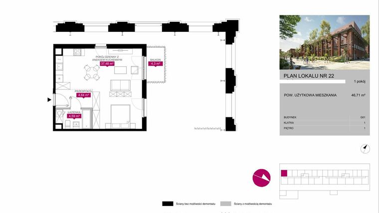 Rzut - Mieszkanie na sprzedaż 1 pokój o powierzchni 46,81 m² - numer G1.22 w Fuzja Mieszkania Loftowe