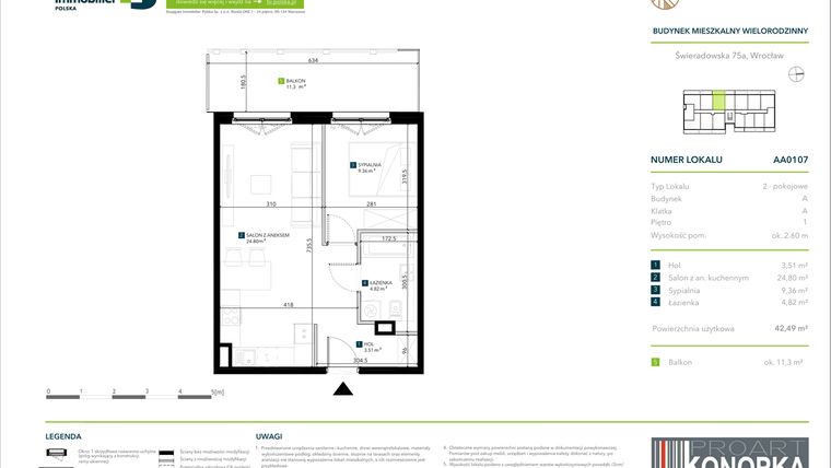 Rzut - Mieszkanie na sprzedaż 2 pokoje o powierzchni 42,49 m² - numer AA0107 w Vivre