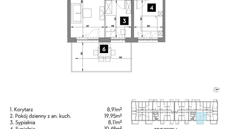 Rzut - Mieszkanie na sprzedaż 3 pokoje o powierzchni 52,32 m² - numer A2/1/11 w Metr Kwadrat