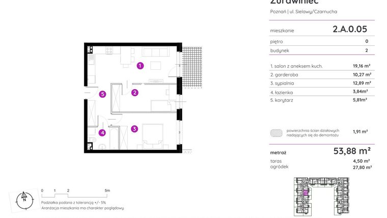 Rzut - Mieszkanie na sprzedaż 2 pokoje o powierzchni 53,88 m² - numer 2.A.0.05 w Murapol Zielony Żurawiniec