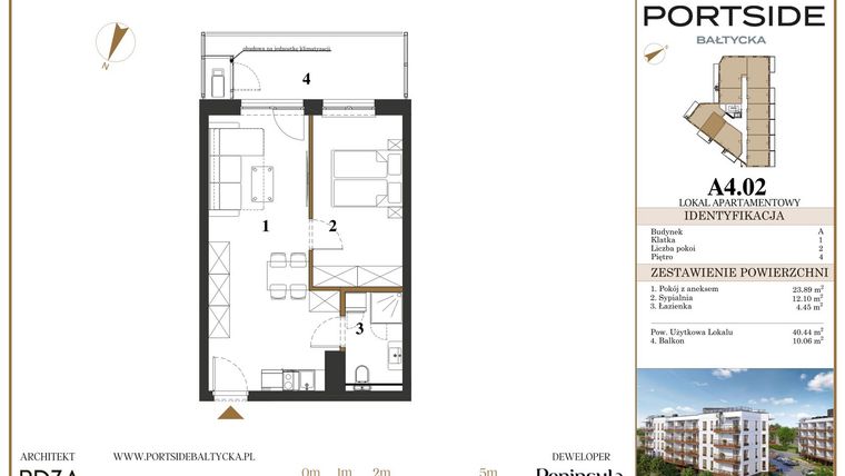 Rzut - Mieszkanie na sprzedaż 2 pokoje o powierzchni 40,44 m² - numer A4.02 w Portside Bałtycka