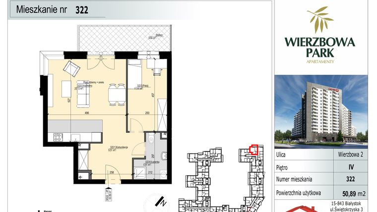 Rzut - Mieszkanie na sprzedaż 2 pokoje o powierzchni 50,89 m² - numer M-322 w Wierzbowa Park