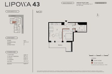 Rzut - Mieszkanie na sprzedaż 2 pokoje o powierzchni 40,73 m² - numer M.3.1 w Lipowa 43