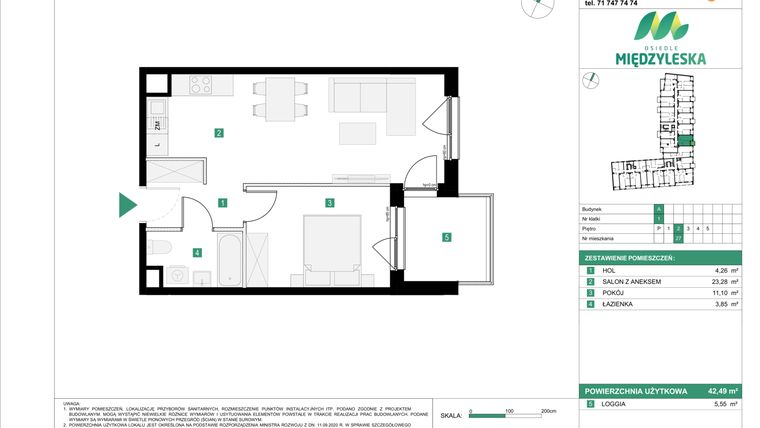 Rzut - Mieszkanie na sprzedaż 2 pokoje o powierzchni 42,49 m² - numer 27 w Osiedle Międzyleska - etap III