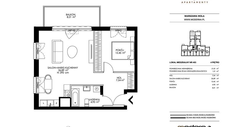 Rzut - Mieszkanie na sprzedaż 2 pokoje o powierzchni 51,81 m² - numer 403 w Chronos