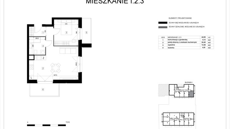 Rzut - Mieszkanie na sprzedaż 2 pokoje o powierzchni 44,98 m² - numer I.2.3 w Pryncypalna 66