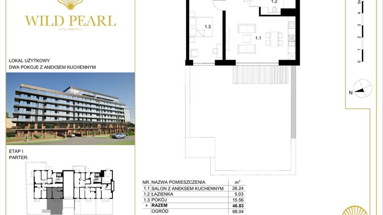 Rzut - Mieszkanie na sprzedaż 2 pokoje o powierzchni 46,83 m² - numer 0.1 w Wild Pearl