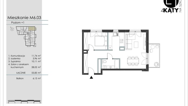 Rzut - Mieszkanie na sprzedaż 2 pokoje o powierzchni 53,83 m² - numer M6.03 w 4 Kąty na Szkolnej