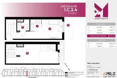 Rzut - Mieszkanie na sprzedaż 2 pokoje o powierzchni 47,3 m² - numer 1.C.2.4 w Maślice Wrocław Milo Dobry Deweloper etap IV