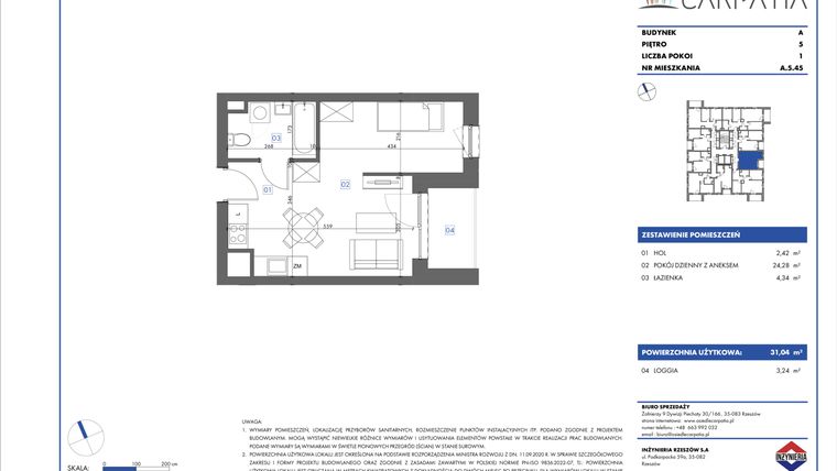 Rzut - Mieszkanie na sprzedaż 1 pokój o powierzchni 30,88 m² - numer A.5.45 w Osiedle Carpatia Etap III