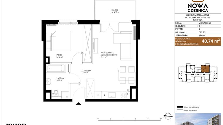 Rzut - Mieszkanie na sprzedaż 2 pokoje o powierzchni 40,74 m² - numer CZ3.25 w Nowa Czernica - etap II