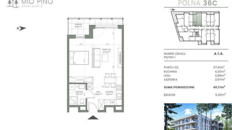 Rzut - Mieszkanie na sprzedaż 2 pokoje o powierzchni 39,73 m² - numer 1.4 w Mio Pino