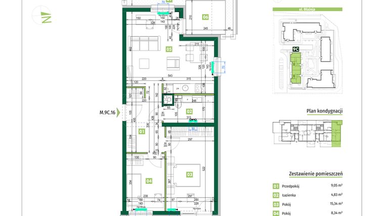 Rzut - Mieszkanie na sprzedaż 3 pokoje o powierzchni 59,92 m² - numer 9C.16 w Zielona Przystań etap II