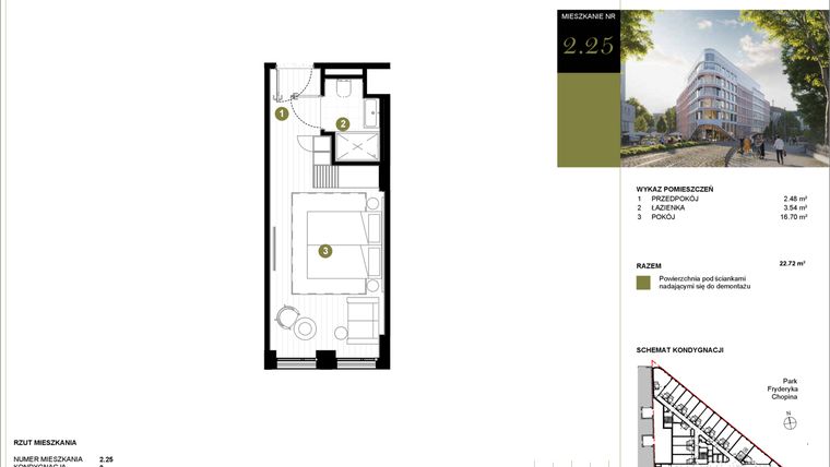 Rzut - Mieszkanie na sprzedaż 1 pokój o powierzchni 22,72 m² - numer 225 w Y3 Signature Hotel