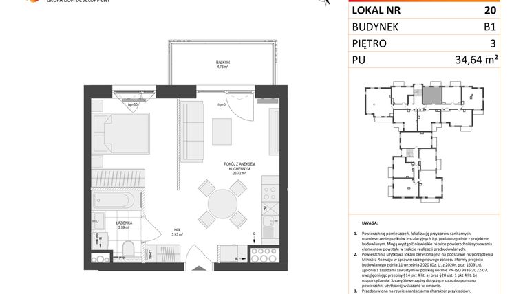 Rzut - Mieszkanie na sprzedaż 1 pokój o powierzchni 34,64 m² - numer 20 w Locus 2