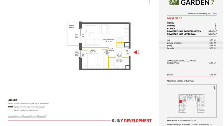 Rzut - Mieszkanie na sprzedaż 2 pokoje o powierzchni 36,02 m² - numer 37 w Nova Viva Garden 7