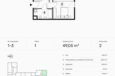 Rzut - Mieszkanie na sprzedaż 2 pokoje o powierzchni 49,05 m² - numer 1-3 w Pączka 1