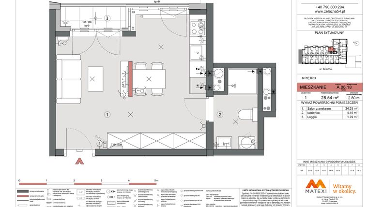 Rzut - Mieszkanie na sprzedaż 1 pokój o powierzchni 28,54 m² - numer A.06.18 w Żelazna 54
