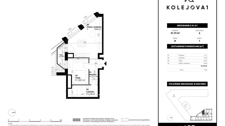 Rzut - Mieszkanie na sprzedaż 2 pokoje o powierzchni 42,7 m² - numer D-01-01 w Kolejova 1