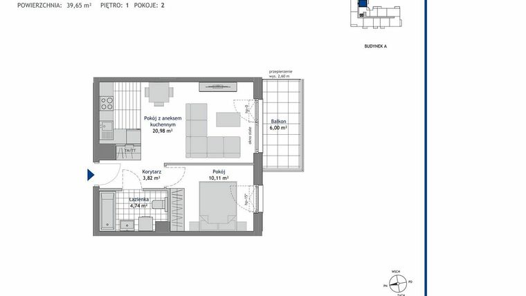 Rzut - Mieszkanie na sprzedaż 2 pokoje o powierzchni 39,65 m² - numer A.1.4 w Linea bud. A