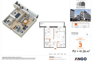 Rzut - Mieszkanie na sprzedaż 2 pokoje o powierzchni 41,26 m² - numer 3 w Osiedle Bulwar bud. 4