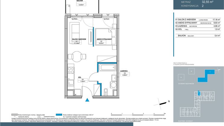 Rzut - Mieszkanie na sprzedaż 1 pokój o powierzchni 32,55 m² - numer L2.2.04 w Nordic Bemowo - etap III