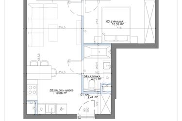Rzut - Mieszkanie na sprzedaż 2 pokoje o powierzchni 37,43 m² - numer 1.10 w Apartamenty Potulickiego
