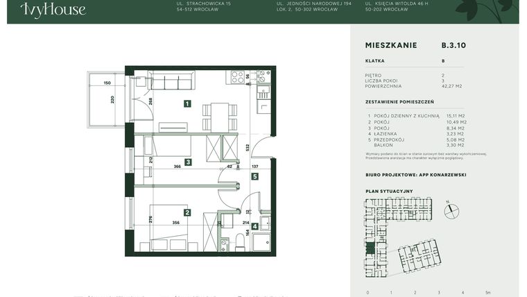 Rzut - Mieszkanie na sprzedaż 3 pokoje o powierzchni 42,27 m² - numer B.3.10 w IVY HOUSE