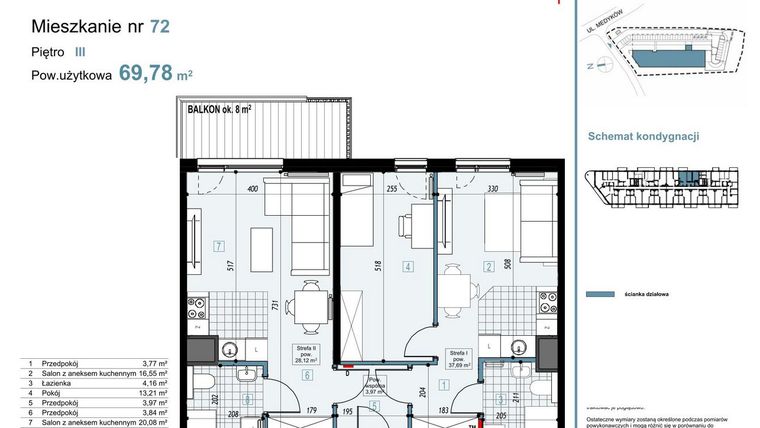Rzut - Mieszkanie na sprzedaż 3 pokoje o powierzchni 69,78 m² - numer 72 w Medyków 32