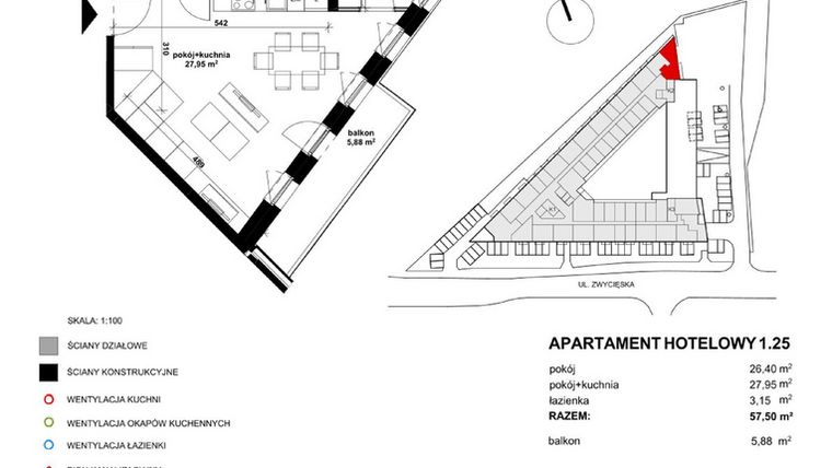 Rzut - Mieszkanie na sprzedaż 2 pokoje o powierzchni 57,41 m² - numer 125 w Apartamentowiec Zwycięska 3 - inwestycyjne