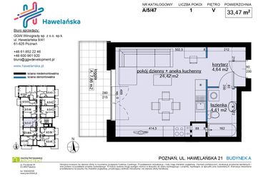 Rzut - Mieszkanie na sprzedaż 1 pokój o powierzchni 33,47 m² - numer A/5/47 w Osiedle Hawelańska etap III - bud. A