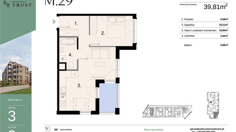 Rzut - Mieszkanie na sprzedaż 2 pokoje o powierzchni 39,81 m² - numer A - M.29 w Dzielnica Trust